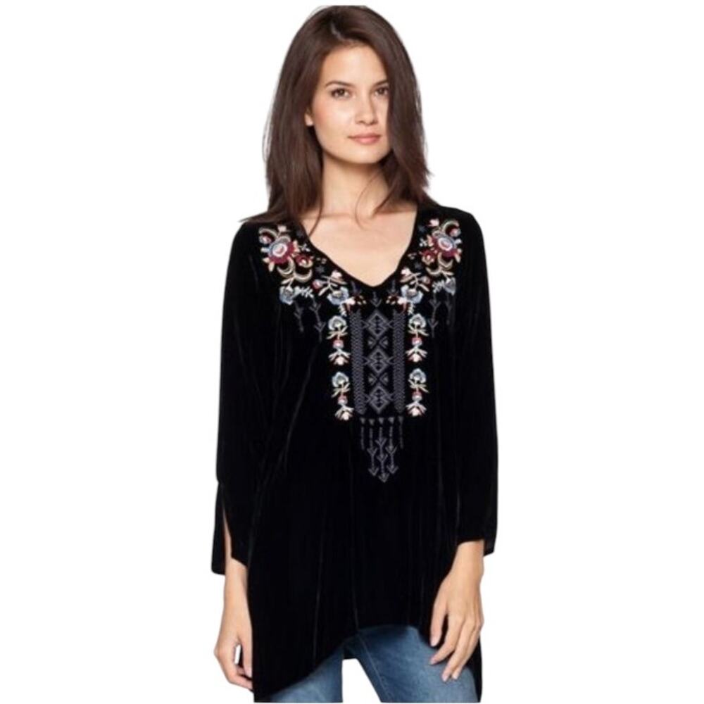 Johnny Was LA Los Angeles Size Large Elise Tunic Black Silk Blend Velvet